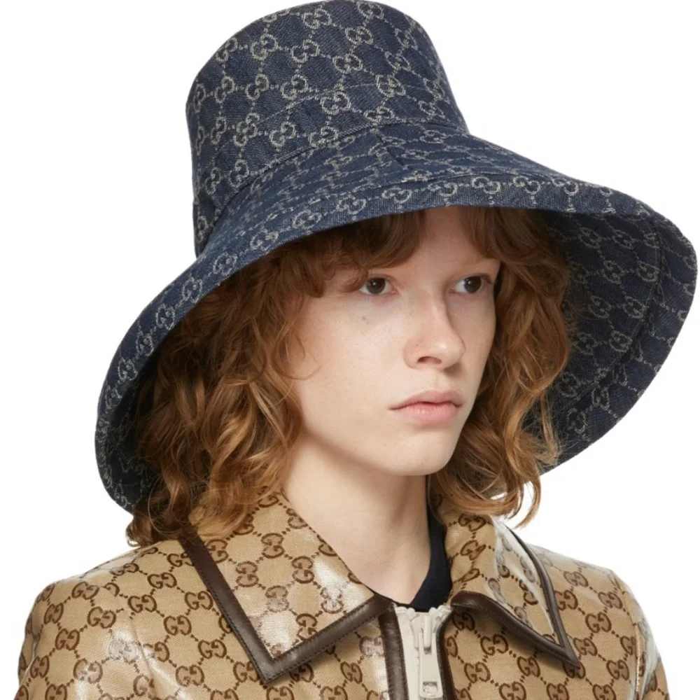 Gucci Bucket Hat GG Monogram Wide Large Brim Jacquard Canvas Denim New - Picture 11 of 11